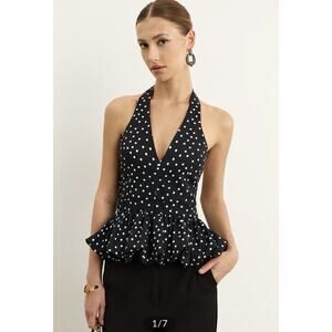 Commense Black And White Polka Dot Peplum Halter Top Size XL